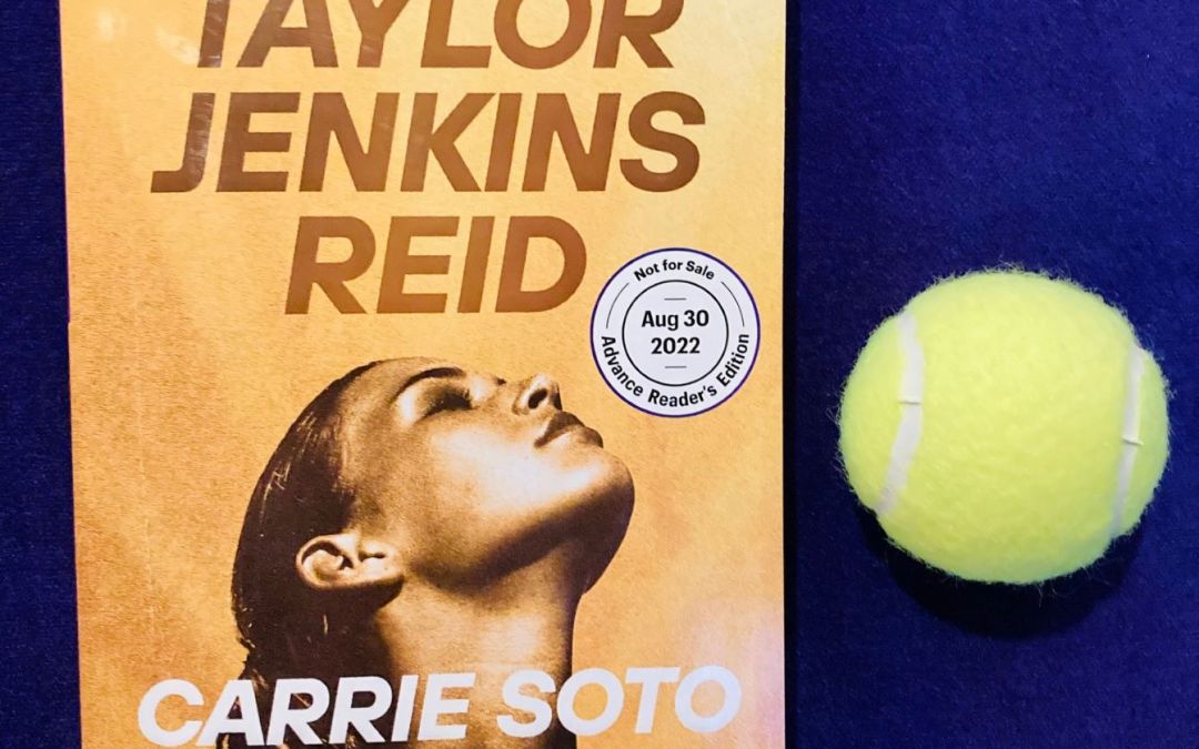 picture of Carrie Soto is Back by Taylor Jenkins Reid, on a purple background with a yellow tennis ball beside the book