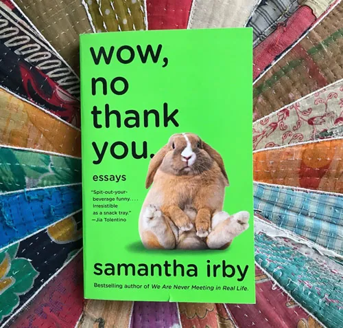 Wow, No Thank You by Samantha Irby book pictured on top of a colorful starburst background of multicoloured fabric pieces