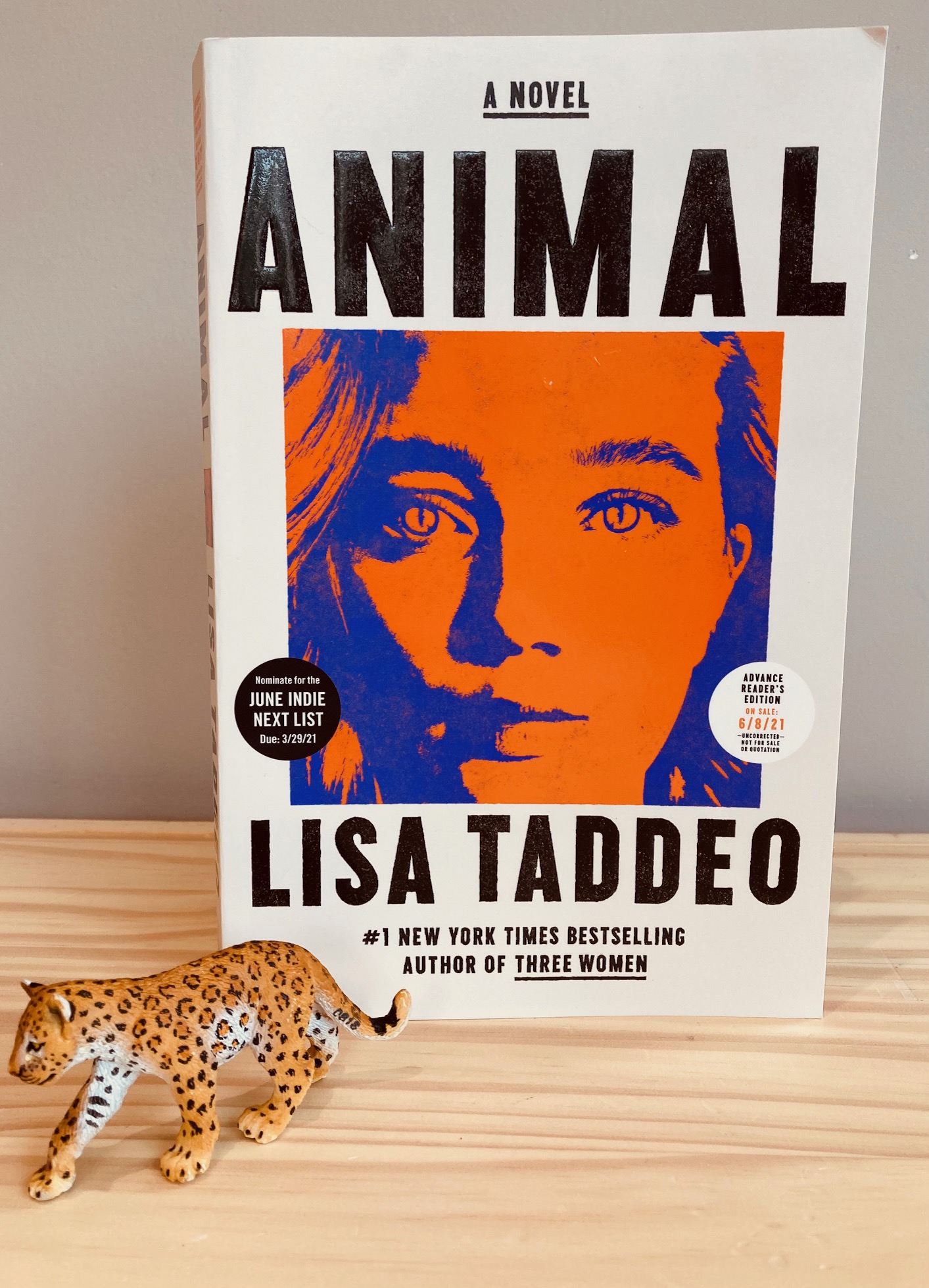 cover image of Animal by Lisa Taddeo with a small plastic tiger beside the book