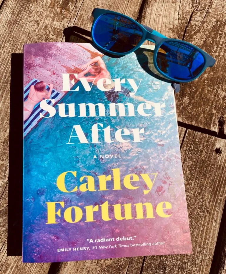 Every Summer After by Carley Fortune book with a pair of blue sunglasses