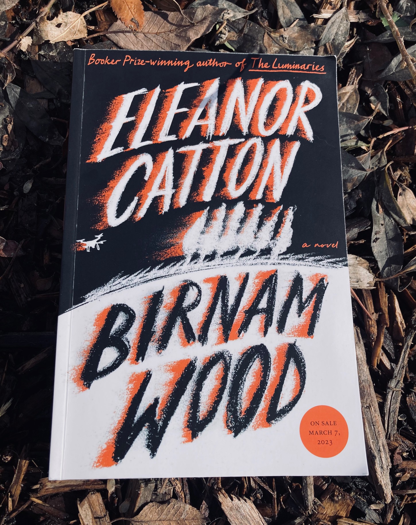 picture of Birnam Wood book by Eleanor Catton on a bed of dried leaves