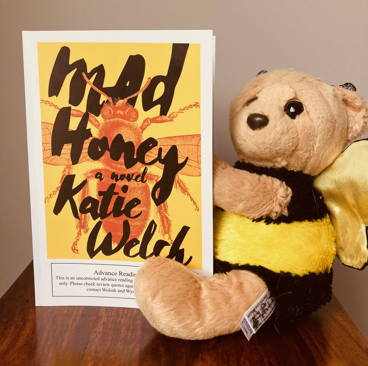 Mad Honey by Katie Welch book pictured with a stuffed bee bear
