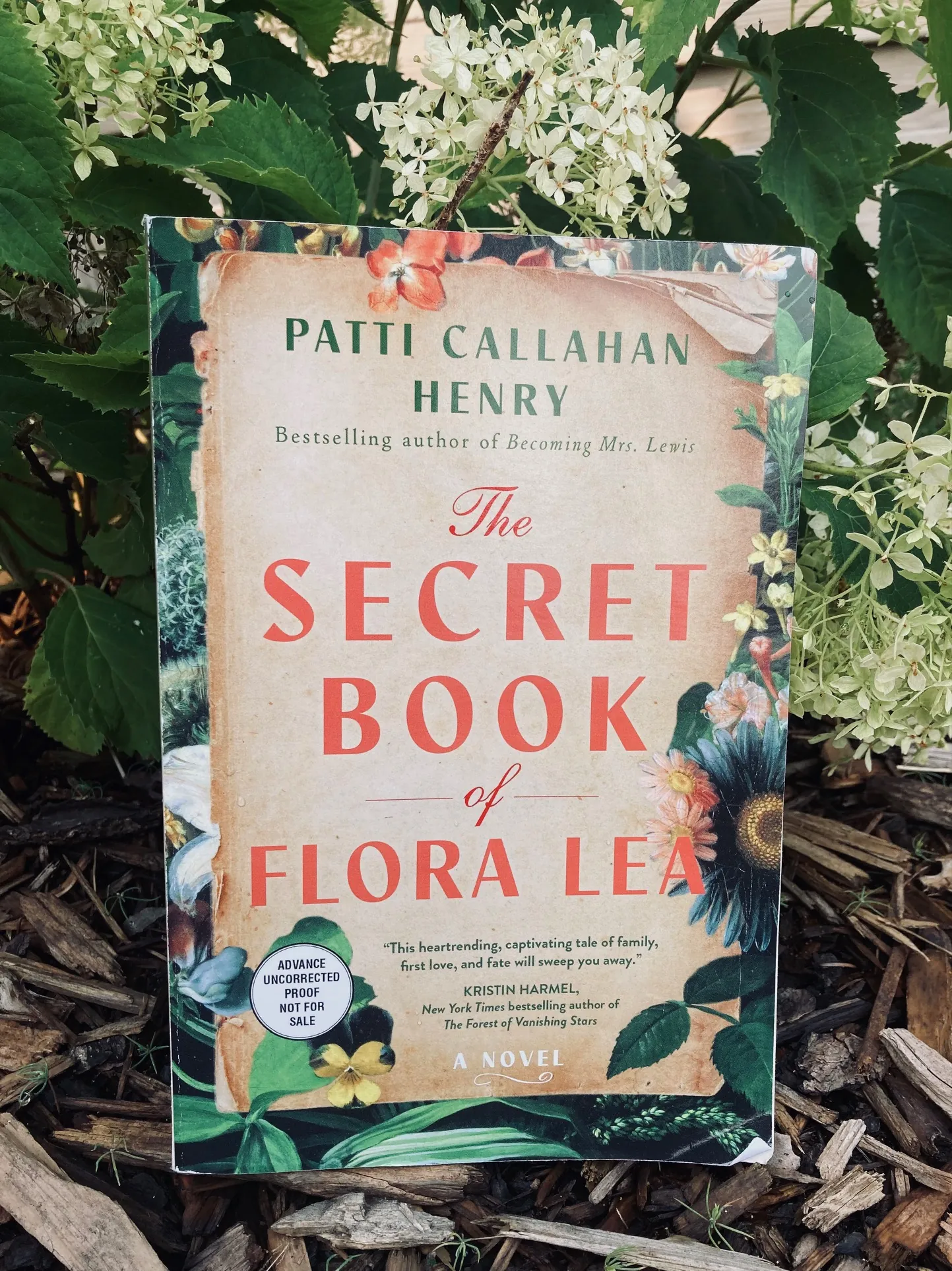 The Secret Book of Flora Lea by Patti Callahan Henry book pictured underneath a flowering bush