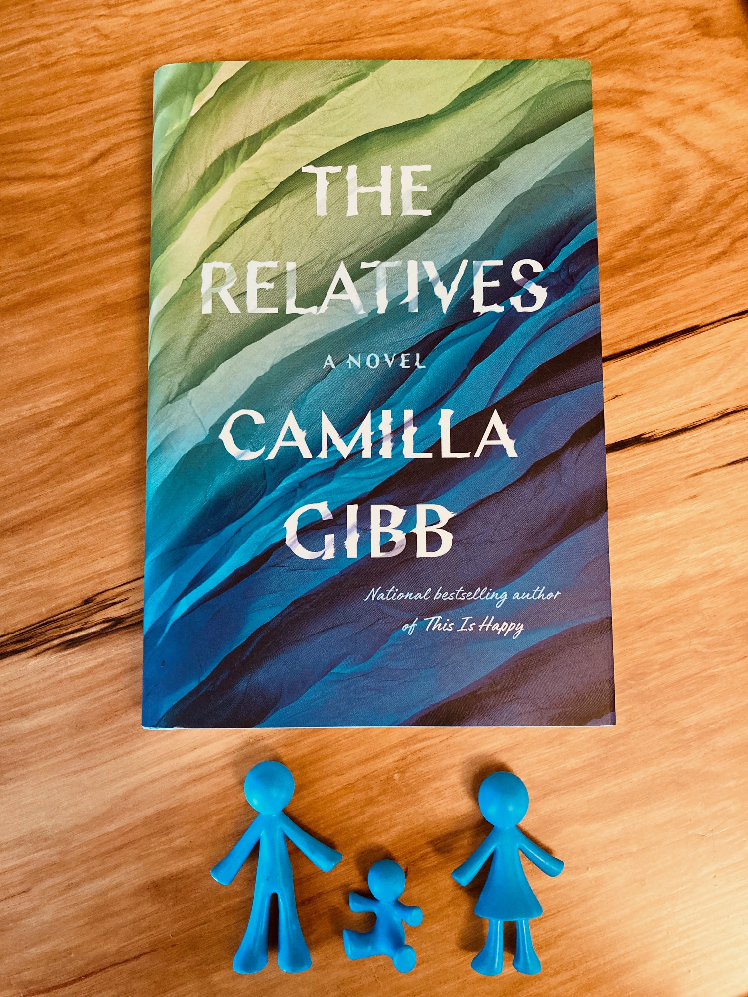 The Relatives by Camilla Gibb book pictured on a wooden background with three blue figures beneath it